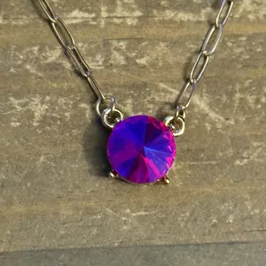 Gold tone layered iridescent hot pink gemstone pendant necklace thumbnail 4