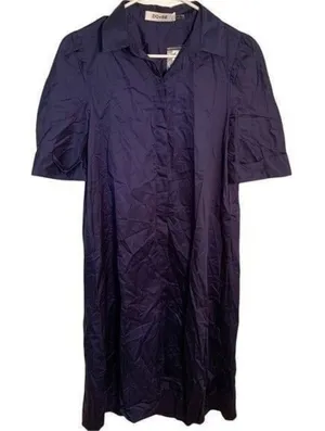 DO + BE Women's Size XS Short Puff Sleeve Shirt Dress Midi Button Down Navy Blue thumbnail 1