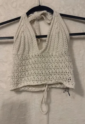 Romwe Crochet Halter Top Cream Boho Knit Lace Up Back Crop Top XS‎ thumbnail 1