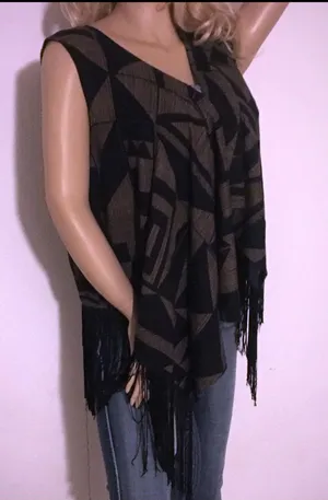 Westbound Geo Tassel Open Front Vest Cardigan | Boho Asymmetrical Layer (L) thumbnail 1