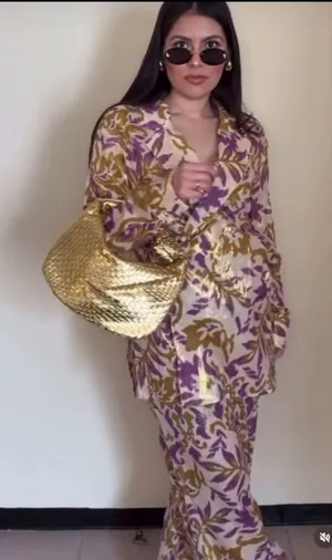 Zara Cream, Gold & Purple Floral Two-Piece Pantsuit set thumbnail 1