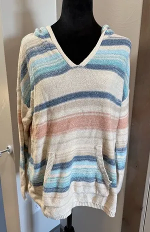 North River Colorful Knit Cotton Blend V-Neck Hoodie Sweater Striped Pastel L‎ thumbnail 1