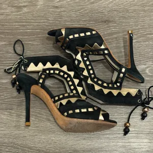 Sophia Webster Riko Black Suede Rose‎ Gold Geometric Peep Toe Stiletto Heels 8 thumbnail 5