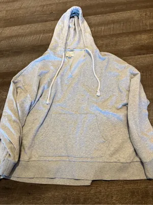 American Eagle Light Grey Hoodie V-Neck Hooded Sweatshirt thumbnail 1