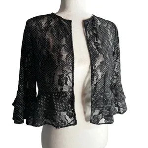 LRL Ralph Lauren Small Lace Overlay Cardigan Bell Sleeve Open Sheer Black Ruffle thumbnail 2