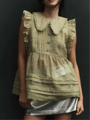 Anthropologie Maeve Peter Pan Collar Sheer Pintuck Babydoll Top, Size XS thumbnail 1