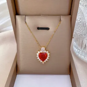 18K Gold Plated Birthstone Crystal Love Heart Ruby Pendant Necklace for Women thumbnail 1