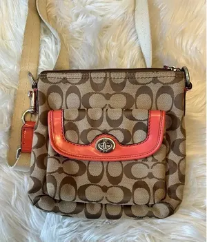 Coach Signature Jacquard Swingpack Crossbody Bag with hot orange Trim – Turnlock thumbnail 1