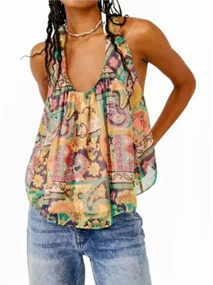 Free People Paisley Patchwork Halter Tank Top Multicolor Boho Trapeze Size M thumbnail 1