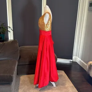 Women’s Gold Sequined Deep V-Neck Red Satin Full Length Prom Party Dress Size M thumbnail 6