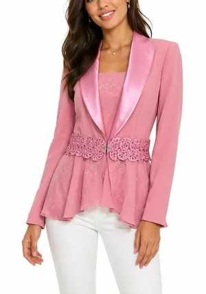 Tiffany Collection Pink Satin Trim Embroidered Embellished Blazer Size 14 thumbnail 1