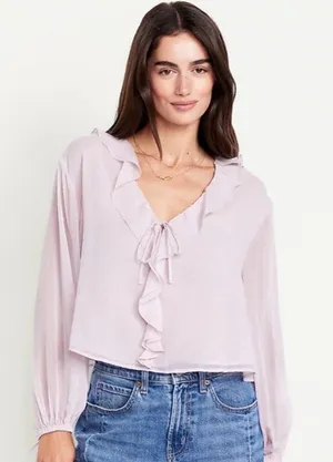Old Navy Lilac Mist Ruffled Chiffon Cropped Blouse Petite Small V Neck Tie Front thumbnail 1
