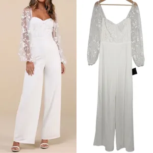 Lulus White Mesh Overlay Embroidered Jumpsuit Size M Bridal Bachelorette Wedding thumbnail 2