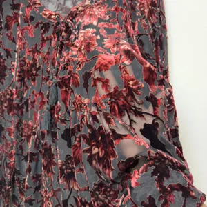 Shyanne Women Velvet Burnout Blouse Top XL Burgundy Floral Paisley Lace Up Sheer thumbnail 9