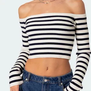 Edikted Navy and White Striped Off-Shoulder Crop Sweater thumbnail 1