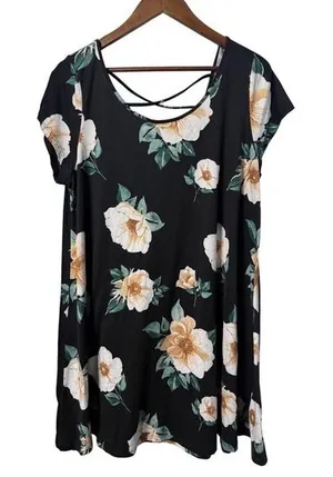 Hearts and Hips Women Size 2X Floral Criss Cross Back‎ A-Line Black Dress thumbnail 1