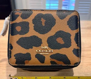 Coach Leopard Print Crossgrain Leather Travel Jewelry Box Case Mirror Gold Tone thumbnail 1