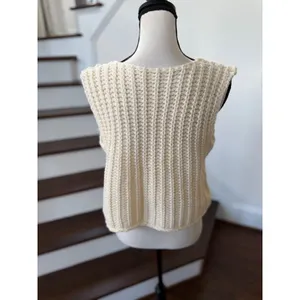 Chunky Cream White Knit Oversize Gold Button Sleeveless Sweater Vest thumbnail 3