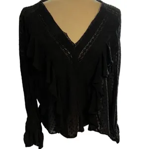 Zara Trf Collection Goth Black Long Sleeve Vneck Sheer Ruffle Top S thumbnail 4