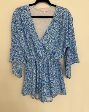 Pink Lily Blue & White Romper Women’s Size Small thumbnail 1