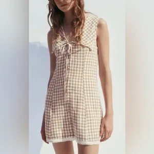 Zara Sleeveless Brown Gingham Tie-Front Dress Lace Ruffle Feminine Sundress thumbnail 2