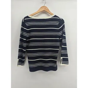 Pendleton Sweater Womens S V-Neck Navy Blue Striped 3/4 Sleeve EUC thumbnail 3