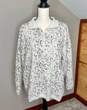 Grey Tan Leopard Print Oversized Quarter Zip Pullover Sweatshirt Small thumbnail 1