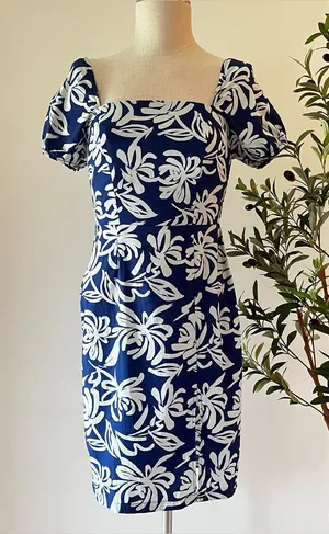 Monteau Royal and light blue Floral Square-Neck Puff Sleeve Dress thumbnail 1