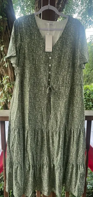 New Choice Olive Green Floral Button-Front Tiered Dress Flutter Sleeves Size XL thumbnail 1