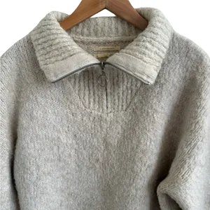 Anthropologie by Anthropologie Quarter Zip Collar Sweater Wool Blend Cream Tan M thumbnail 4