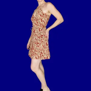 Free People Intimately Orange Red Ditzy Floral Mini Wrap Dress thumbnail 4