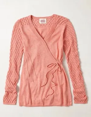 Rosie Neira Anthropologie Wool Blend Peach Longsleeve Ballet Core Wrap Top M thumbnail 1
