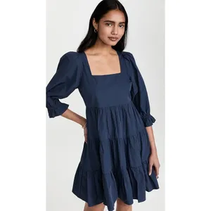 Madewell Lizzie Poplin Blue Puff Sleeve Square Neck Tiered Babydoll Mini Dress 0 thumbnail 2