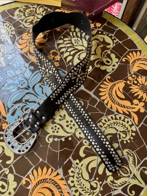Studded Black Faux Leather Belt with Decorative Accent Buckle Sz: M thumbnail 3