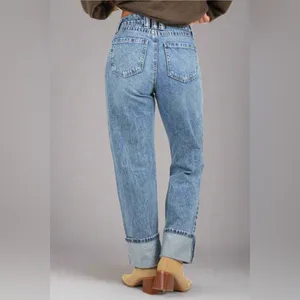 Rewash High Rise Cuffed Straight Ankle Jeans -Vintage Blue Black thumbnail 4
