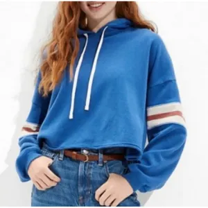 American Eagle Varsity‎ Blue Crop Hoodie Striped Sleeve Sweatshirt Medium thumbnail 1