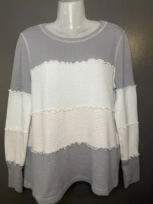 Doe & Rae Sweater Womens Medium Gray Colorblock Waffle Knit Ruffle Pullover thumbnail 2