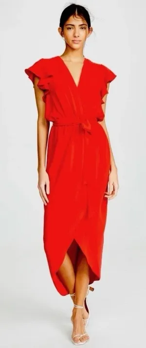 Amanda Uprichard Martinque Red Ruffled Wrap Midi Summer Dress Size Medium USA thumbnail 1