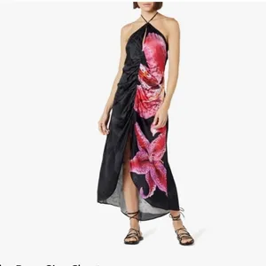 The Drop Ruched Front Slit Halter Maxi Dress Black Floral M NWT thumbnail 3