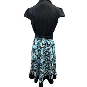 Karin Stevens Faux Wrap Midi Dress Puff Sleeve Abstract Print Blue Black Size 6 thumbnail 2