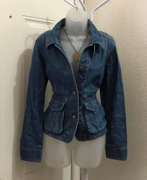 Y2K Vintage Grunge Fitted Navy Blue denim jean military cargo utility harajuku jacket shirt Top Blazer long sleeve button front-S thumbnail 1