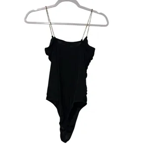 Just Polly New York Bodysuit Y2K Black Ruched Glam Gold Chain Strap Grunge SZ M thumbnail 5