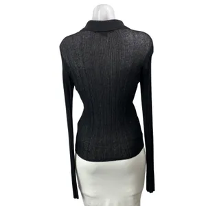 French Connection Women's Black Ribbed Knit Long Sleeve Henley Blouse Top Size L thumbnail 3