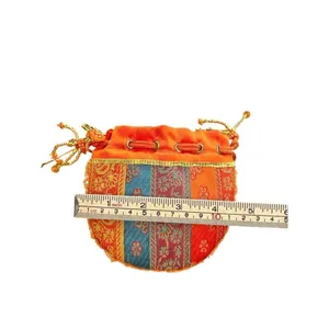 Orange beaded Indian drawstring jewelry/cosmetic pouch - beaded one side - desig thumbnail 8