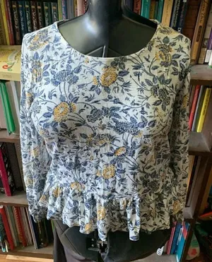 Lucky Brand blue & yellow floral knit S long sleeve babydoll top thumbnail 1