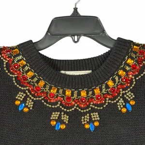 VTG 80s 90s Black Beaded Sweater Size Large Jeweled Embellished Statement Glam thumbnail 4