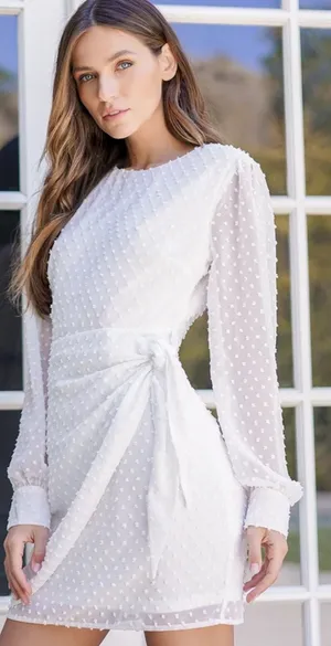 Lulus Much Love White Swiss Dot Tie Front Long Sleeve Mini Dress Small NWT thumbnail 1