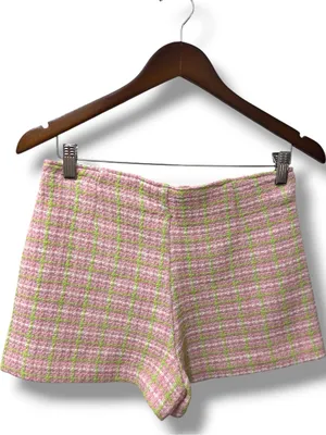 ZARA | NWOT Morocco Cotton Pink Green Plaid Tweed Side Zip Mini Skirt Shorts (S) thumbnail 4
