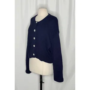 CAROLINE CONSTAS Navy Blue Cotton Cropped Cardigan Sweater Quiet Luxury Medium thumbnail 4