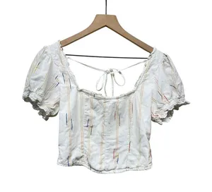 Free People Women Cropped Corset Smocked Top Sz S White Puff Sleeve Cottage Boho thumbnail 3